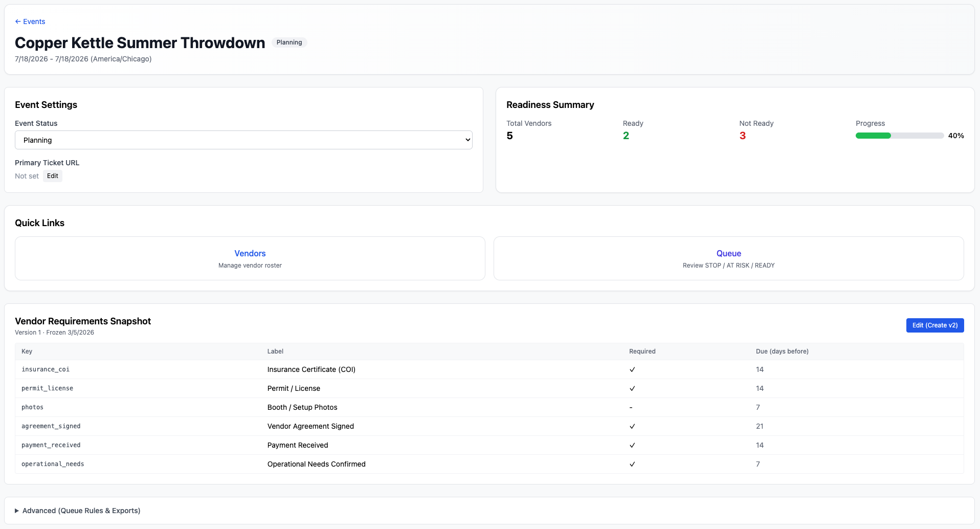 FestOps event workspace showing vendor list and readiness details