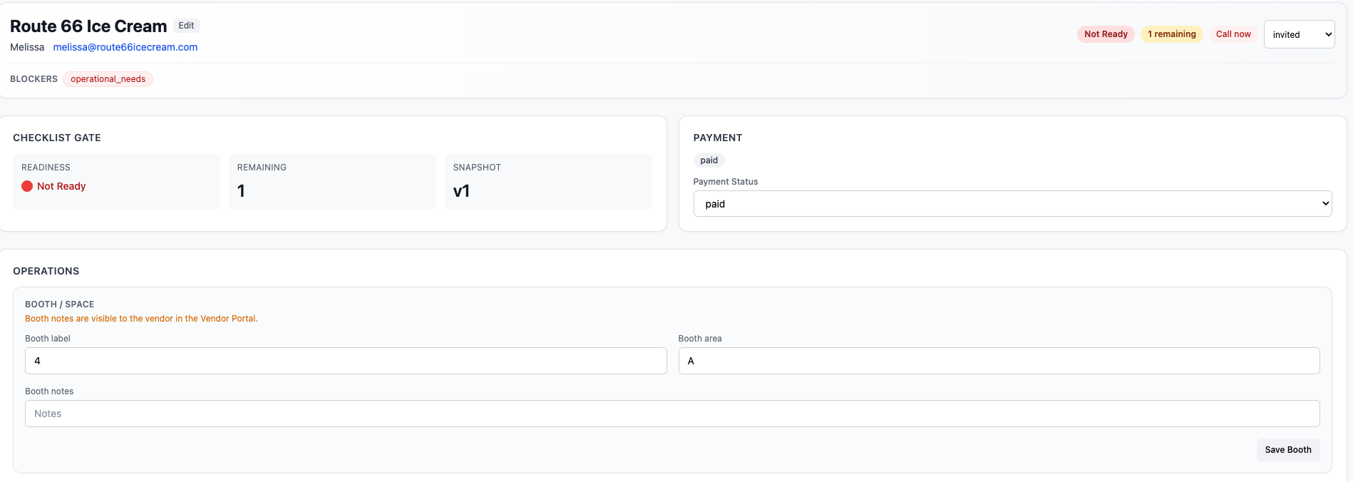 FestOps vendor detail showing submission status, missing documents, and follow-up notes